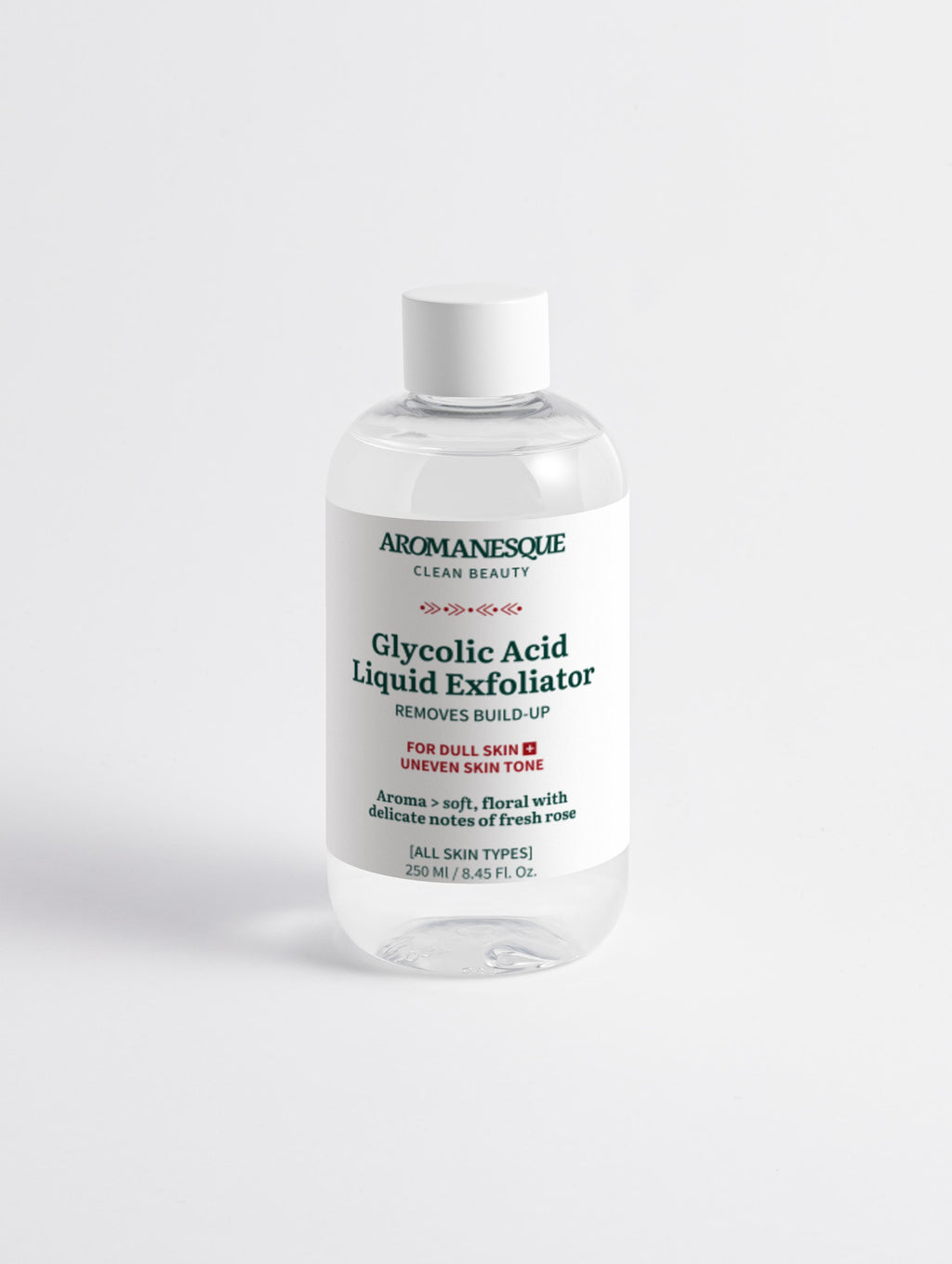 A bottle of Aromanesque Glycolic Acid Liquid Exfoliator against a white background.