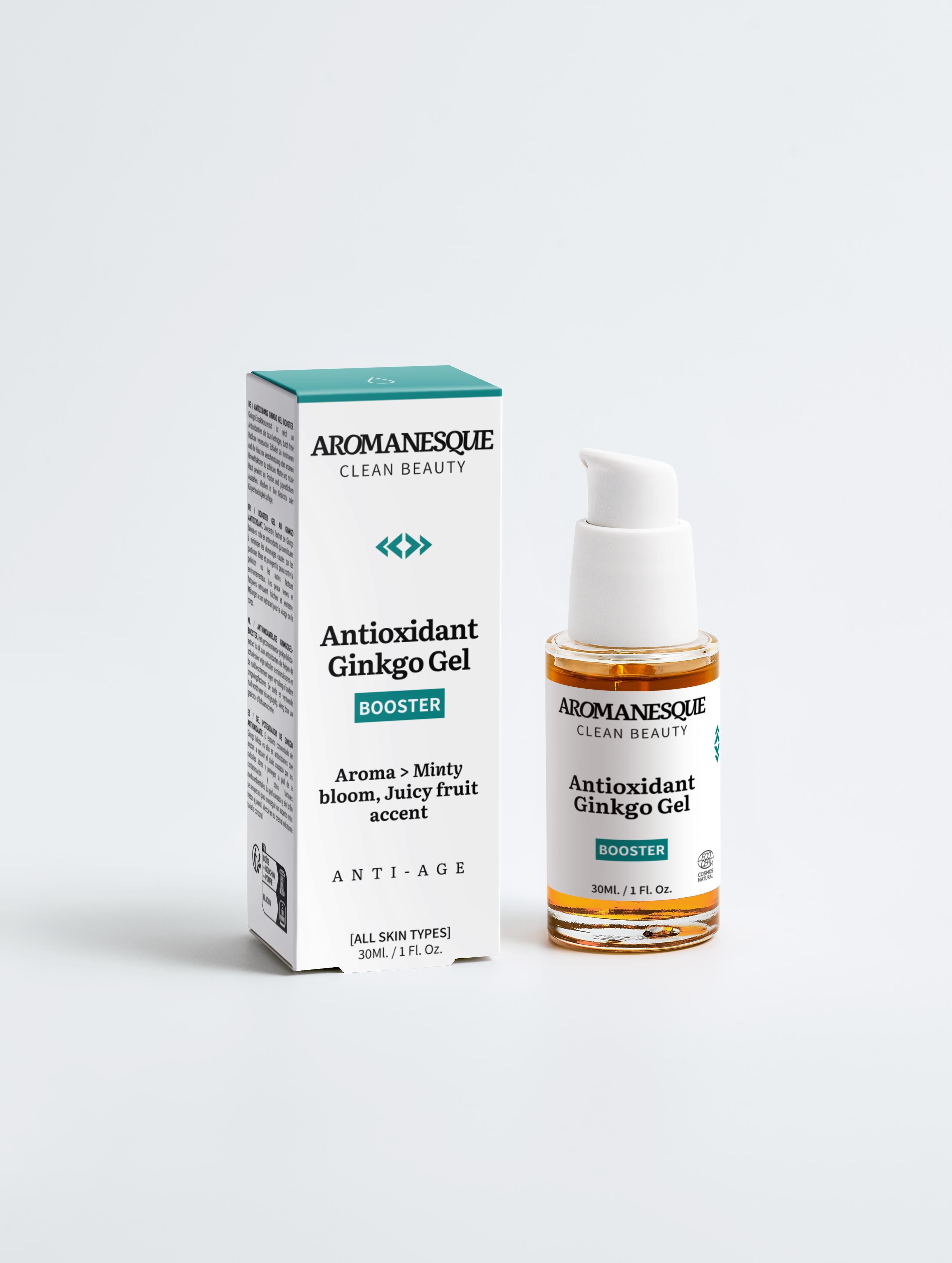 A product image showing a box and bottle of Antioxidant Ginkgo Gel Booster with white and green packaging.