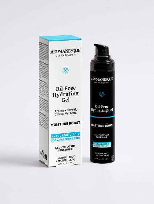 Aromanesque Oil-Free Hydrating Gel packaging and bottle, with the box being predominantly white and the gel bottle being black, both featuring the product name and description.