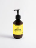 A pump bottle of Aromanesque Premium Body Serum, Woody Amber & Leather scent, against a white background.