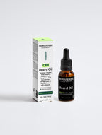 A bottle of Aromanesque Beard Oil with its packaging box. The bottle is amber-colored with a dropper, and the box is green and white with product information.