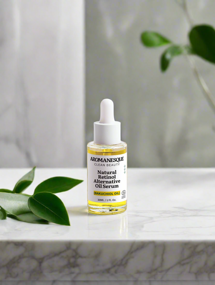 A bottle of Aromanesque Natural Retinol-Alternative Oil Serum placed on a marble surface with a plant in the background.